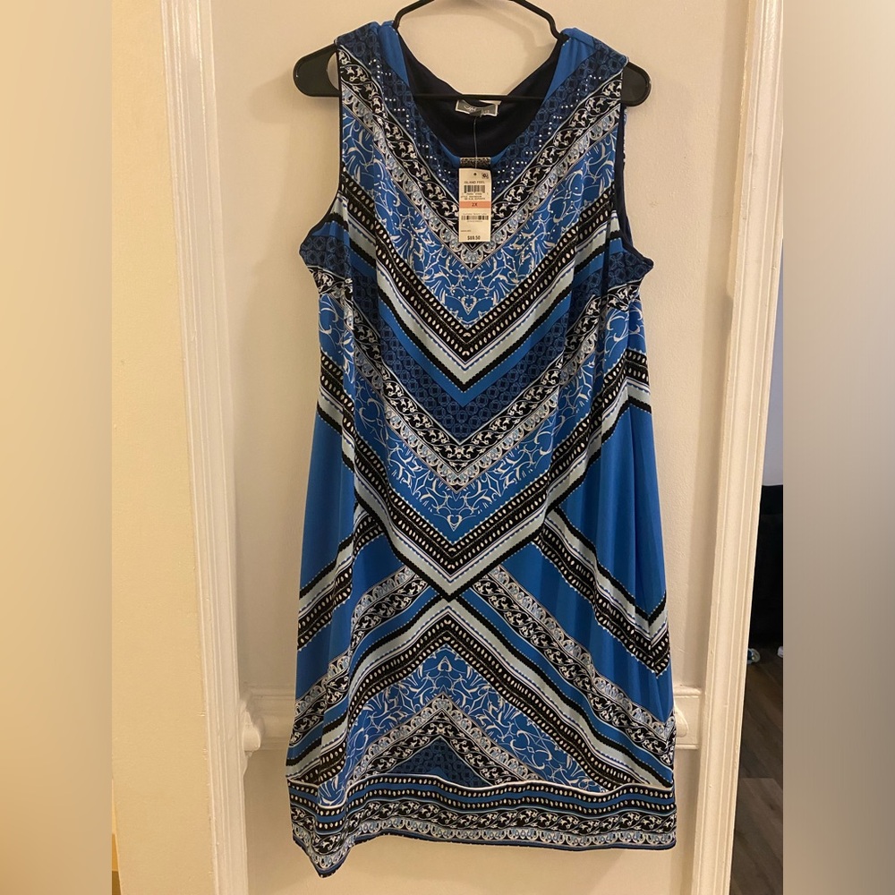 JM Collection Blue Patterned Sleeveless Shift Dress